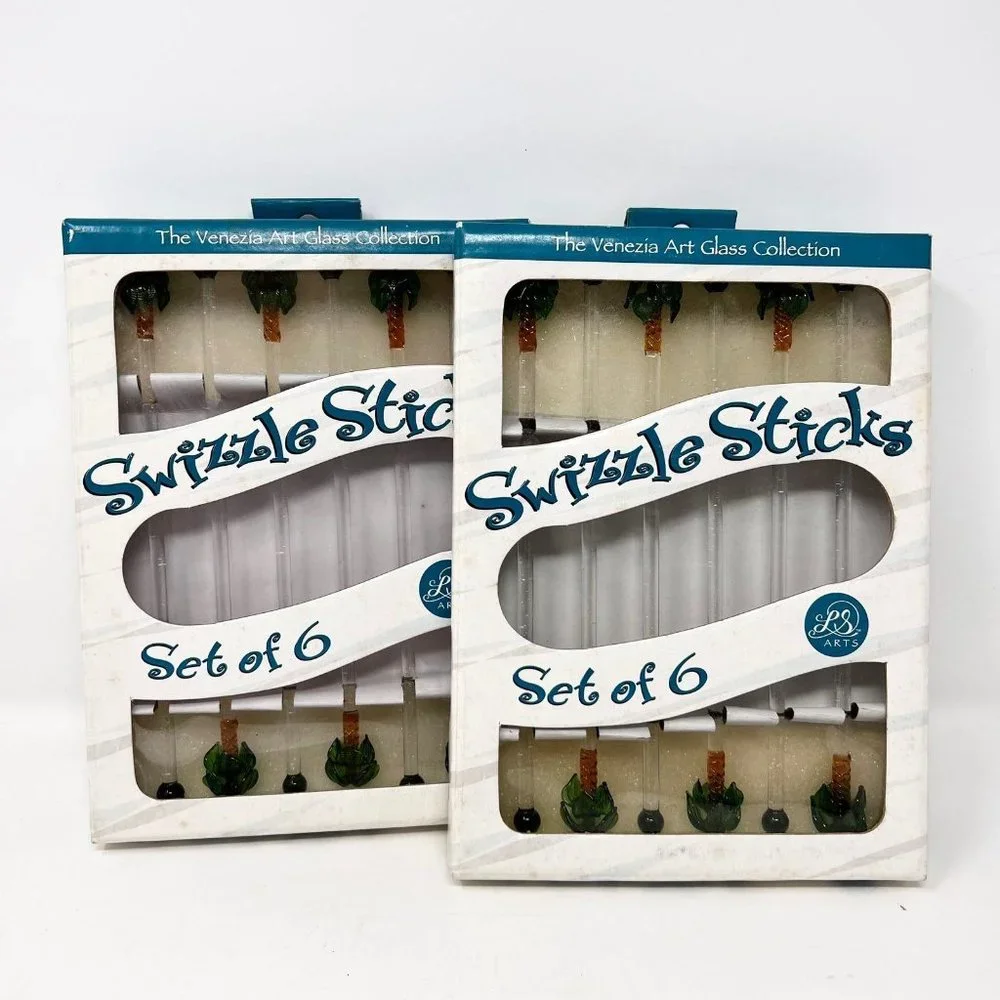 Swizzle Sticks LS Arts Venezia Art Glass Palm Trees New Old‎ Stock 2 Sets of 6